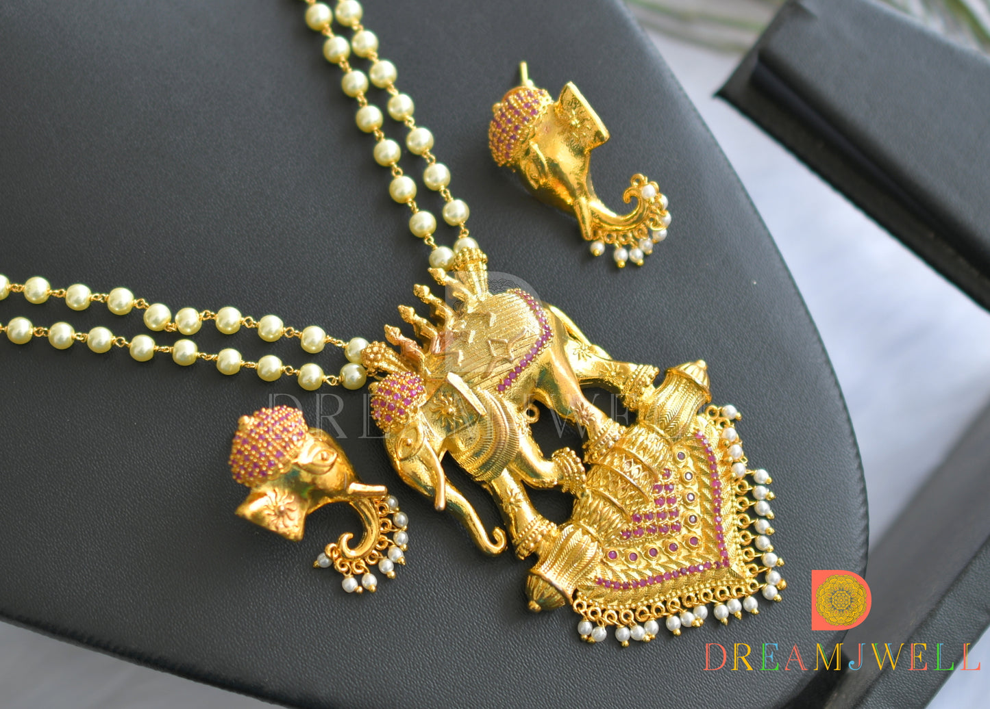 Gold tone ruby pearl beaded Elephant haar set  dj-12270