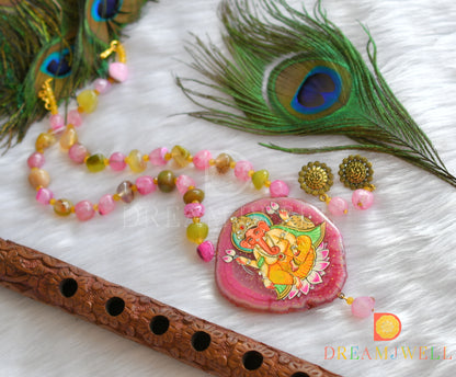 Hand painted Ganesha sliced agate pendant with baby pink-green onyx beads necklace set dj-37987