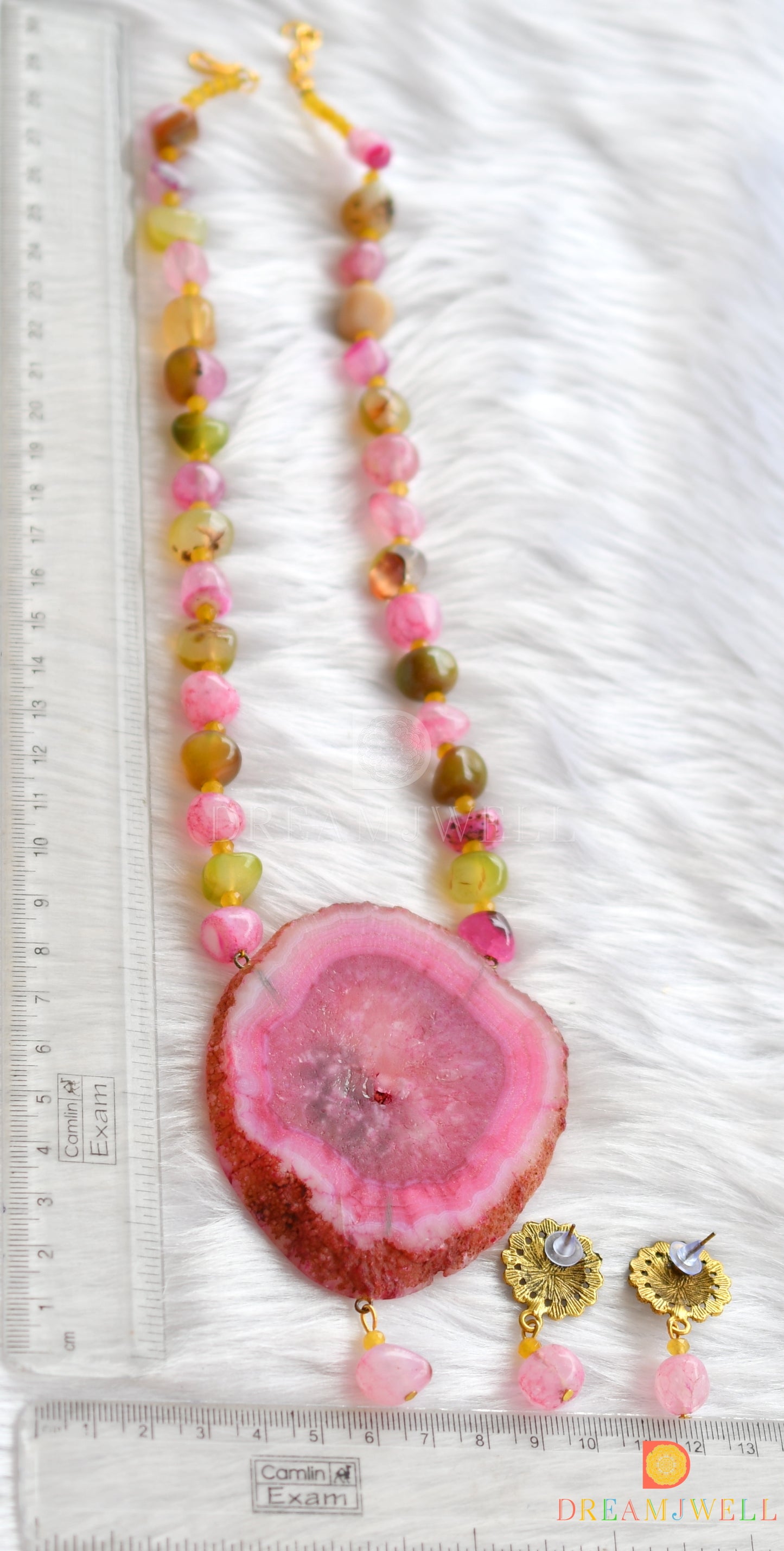Hand painted Ganesha sliced agate pendant with baby pink-green onyx beads necklace set dj-37987
