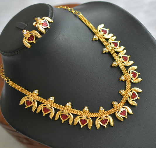 Gold tone lotus palakka red Kerala style necklace set dj-38852