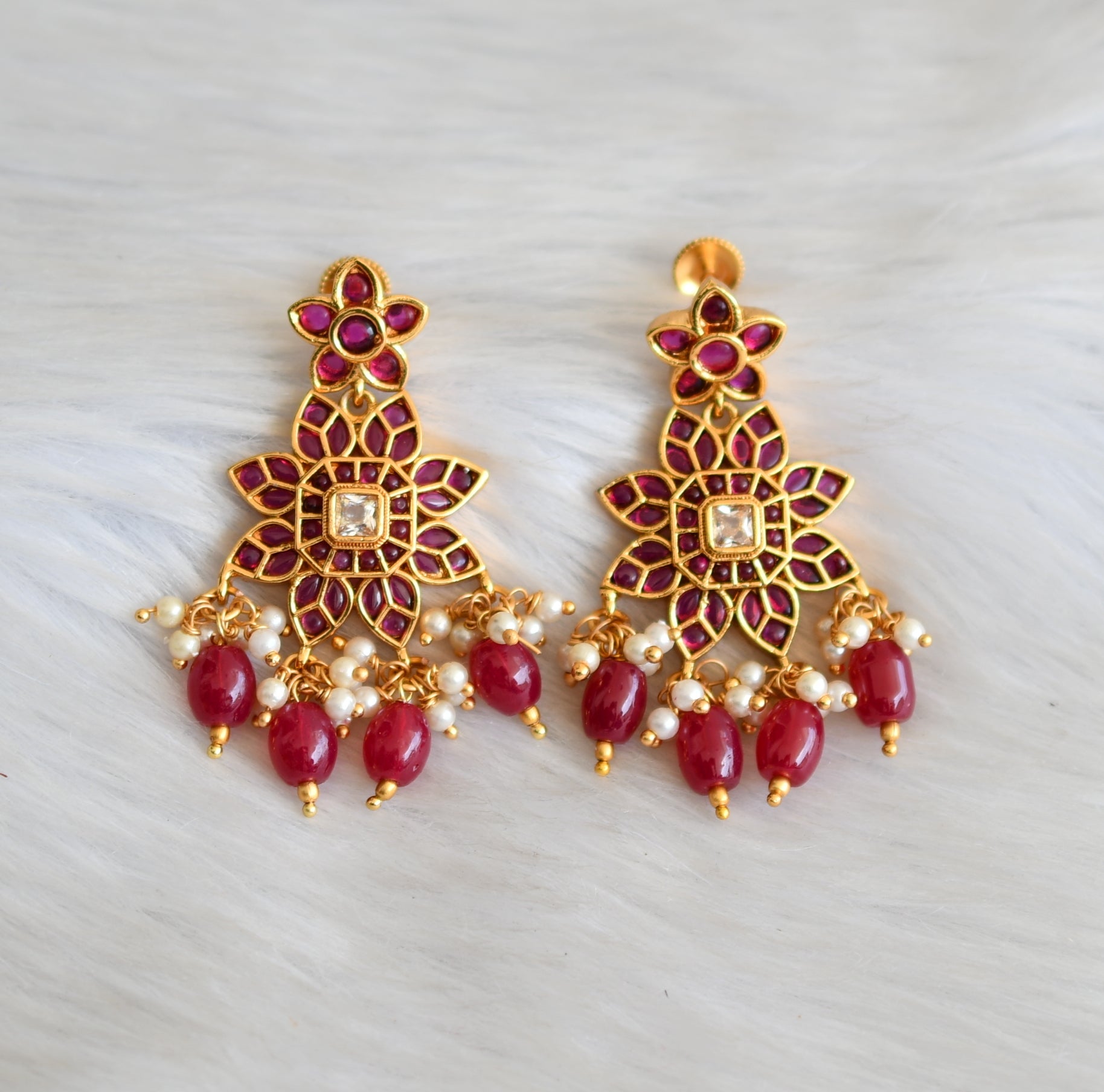 Chandbali Earrings -22K Gold Uncut Diamond Drop Earrings with Ruby &  Japanese Culture Pearls - 235-DER705 in 24.400 Grams