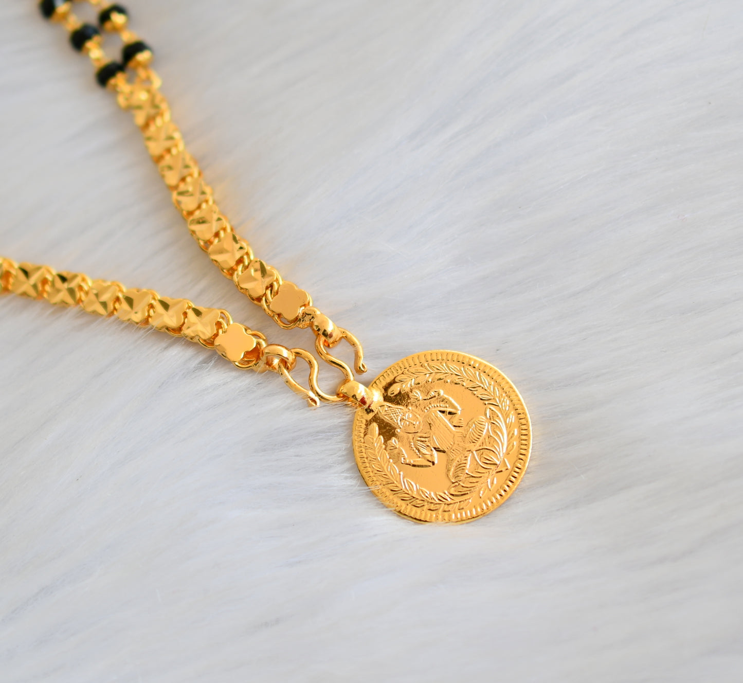 Gold tone black karimani double layer chain Lakshmi coin pendant dj-40248