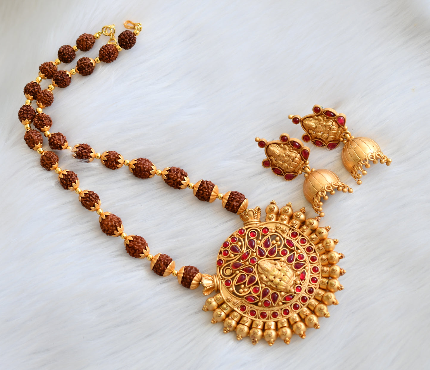 Matte finish kemp Rudhraksha beads Lakshmi necklace set dj-40262