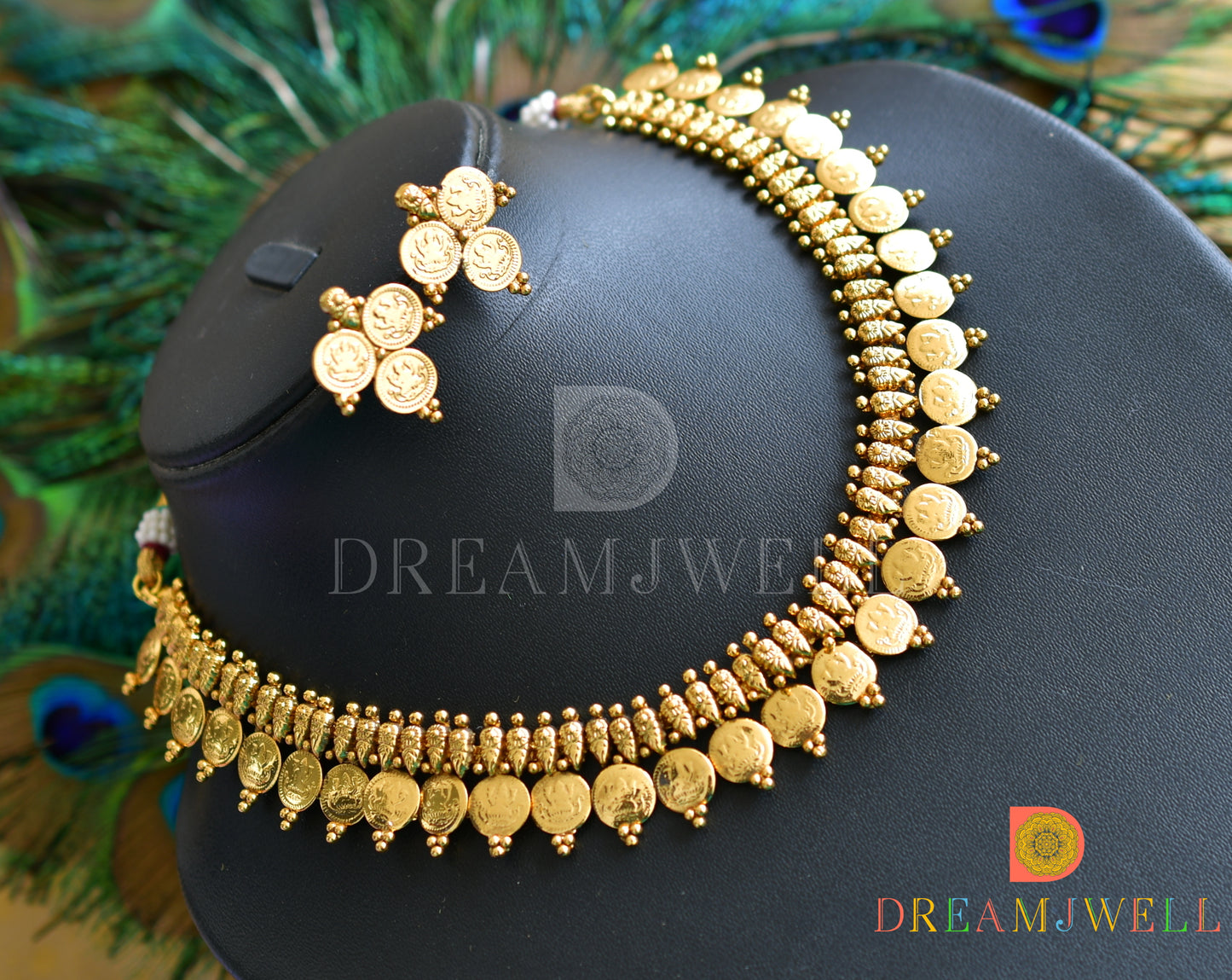 Antique gold tone Lakshmi coin necklace set dj-03492