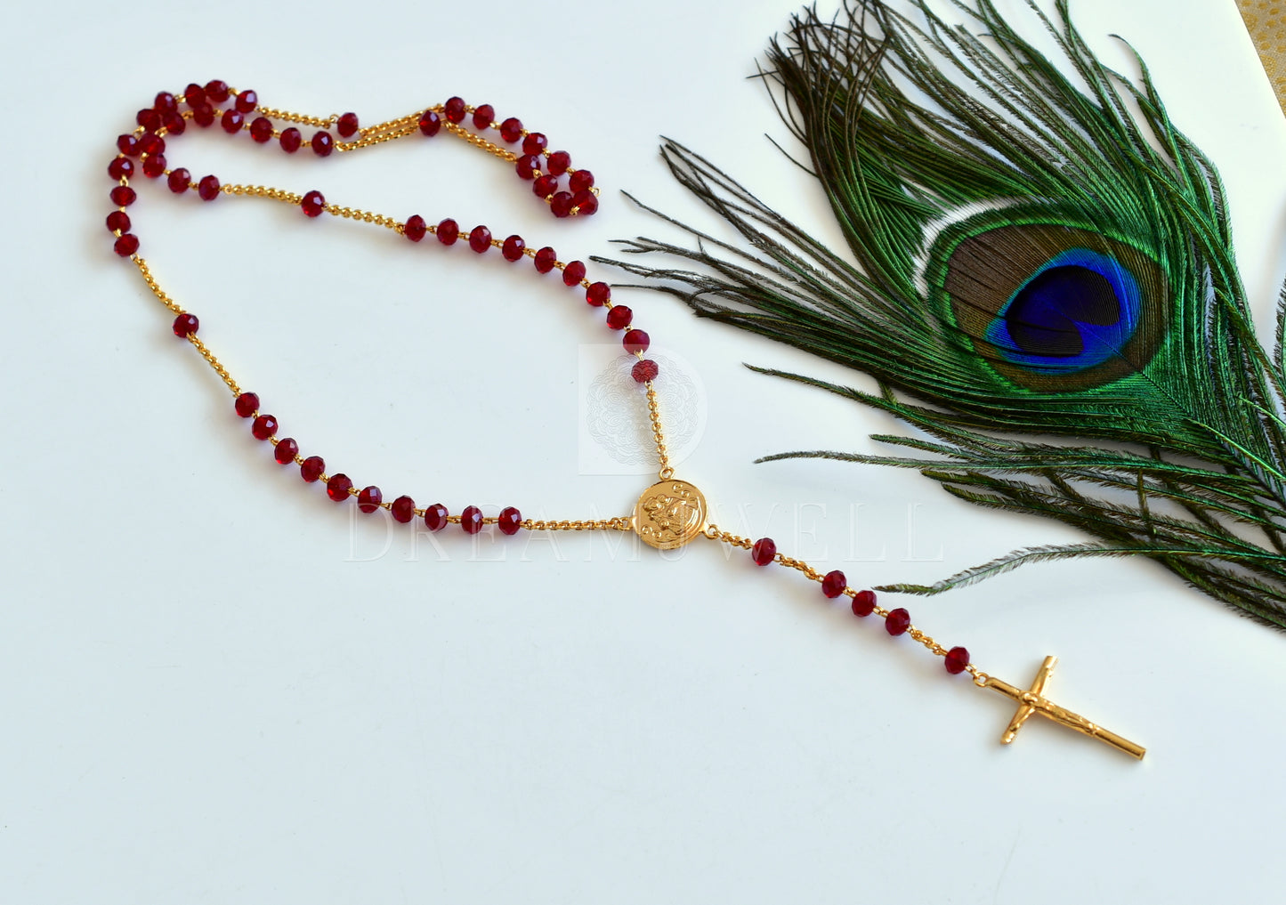 Gold tone Red beads Christian cross chain dj-35802