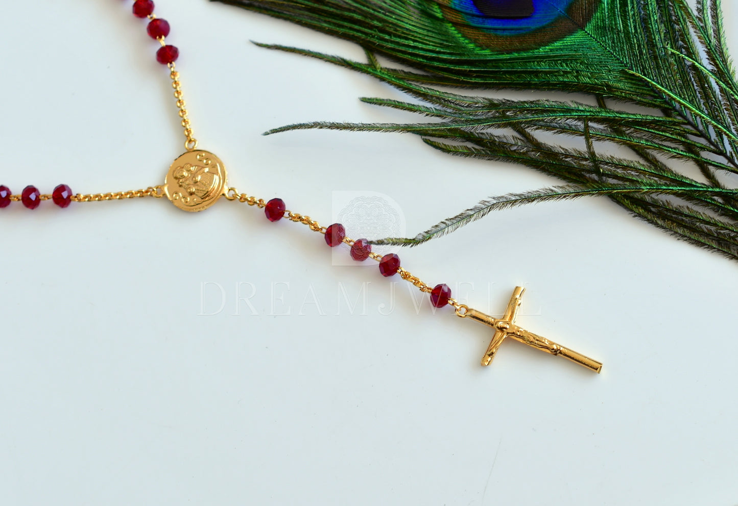 Gold tone Red beads Christian cross chain dj-35802