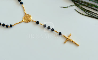 Gold tone black beads Christian cross chain dj-35803