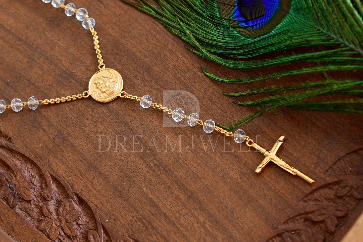 Gold tone white beads Christian cross chain dj-35804