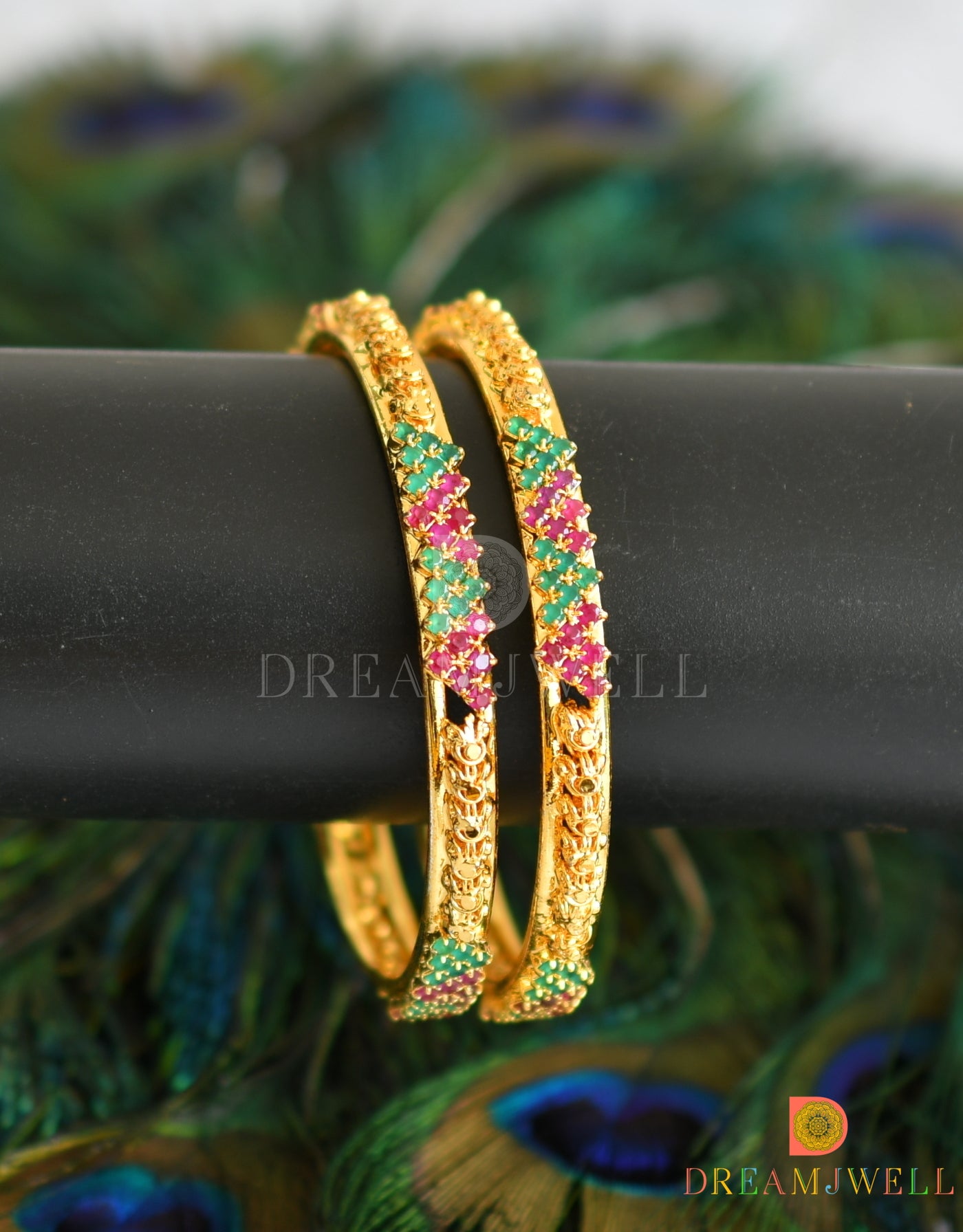 Gold tone ruby-emerald stone Bangles (2.8) dj-14433