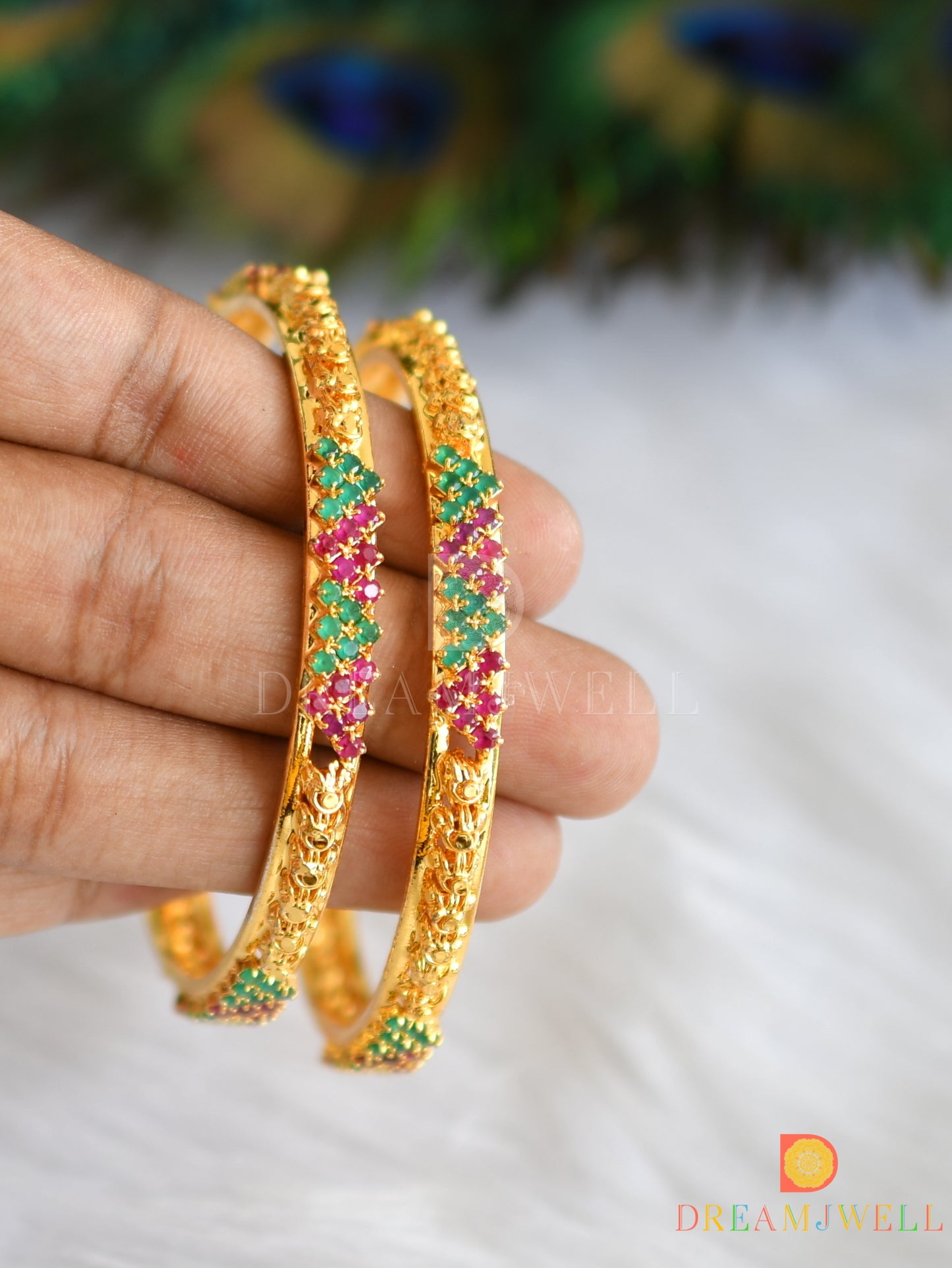 Gold tone ruby-emerald stone Bangles (2.8) dj-14433