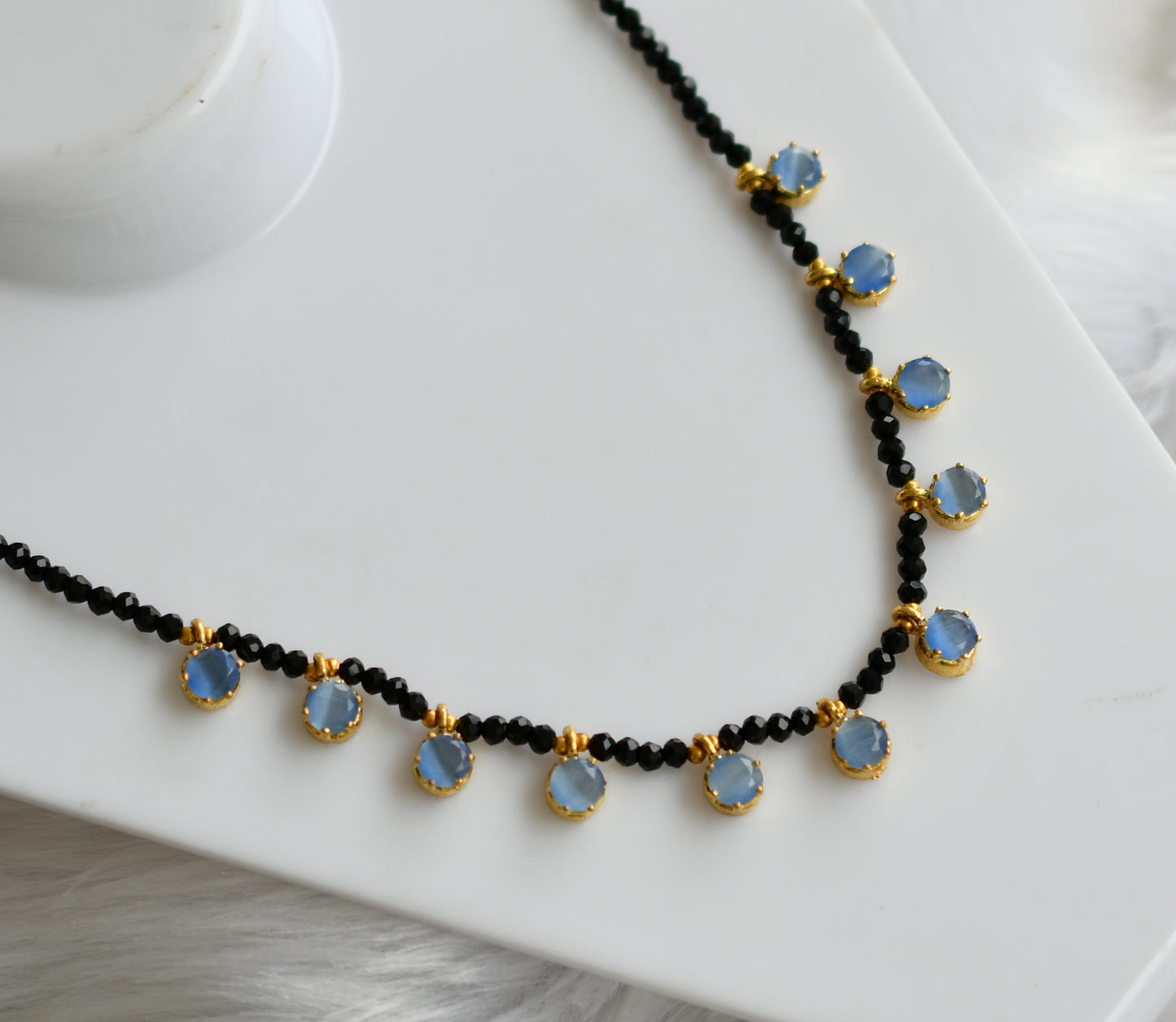 Gold tone black agates sky blue stone necklace dj-38872