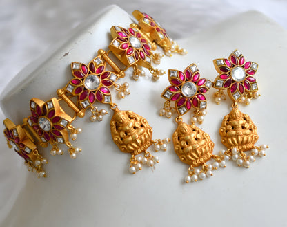 Gold tone pink-white kundan jadau flower-Lakshmi choker necklace set dj-39571