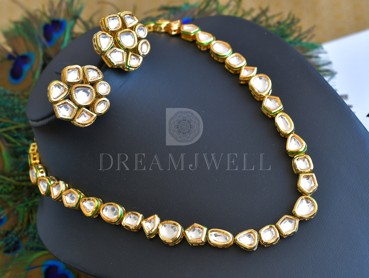 Gold tone white Kundan necklace set dj-35805