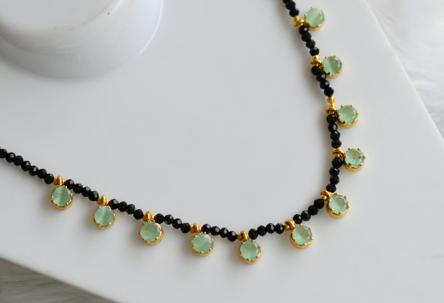 Gold tone black agates sea green stone necklace dj-38876