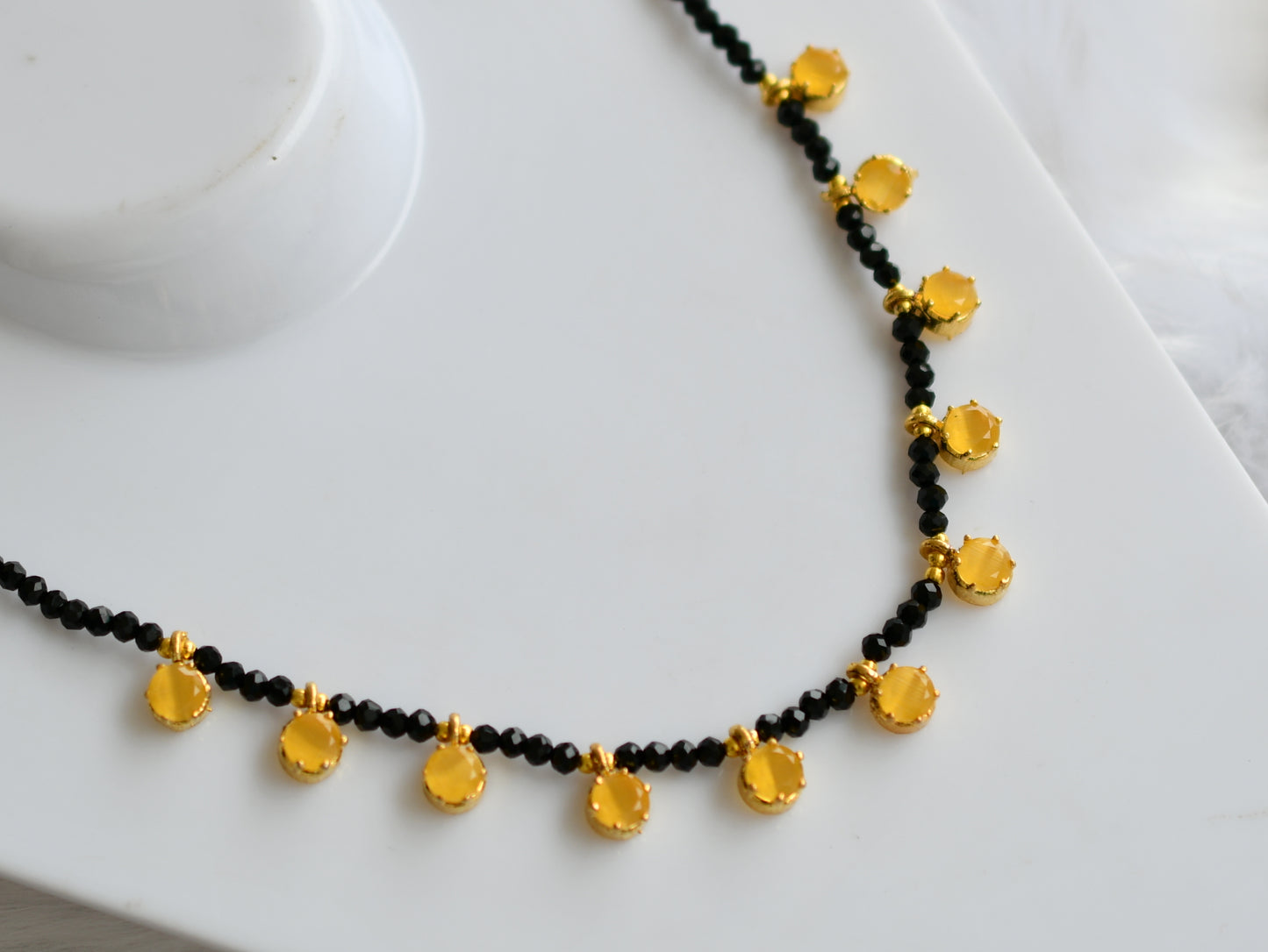 Gold tone black agates yellow stone necklace dj-38877