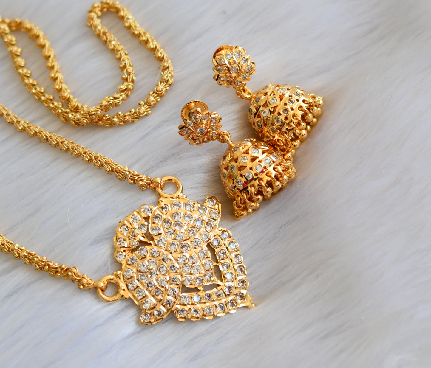 Gold tone cz white mango pendant with chain and pair of jhumkka dj-40242