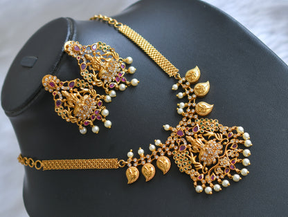 Matte finish ruby-green-white Lakshmi-peacock mango necklace set dj-39584