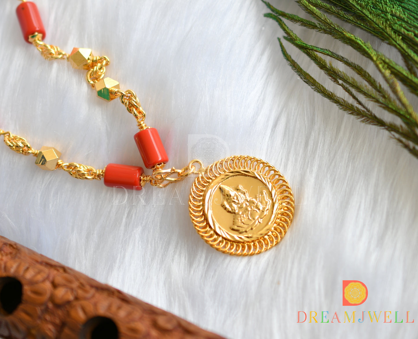 Gold tone coral Lakshmi pendant with chain dj-37297