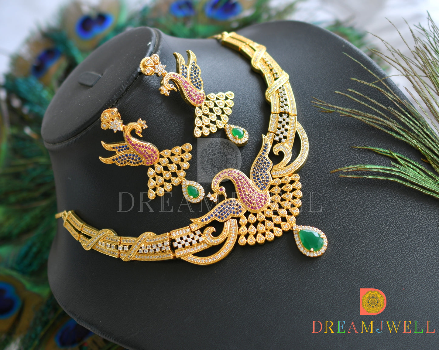 Gold tone Cz multi color peacock necklace set dj-20625