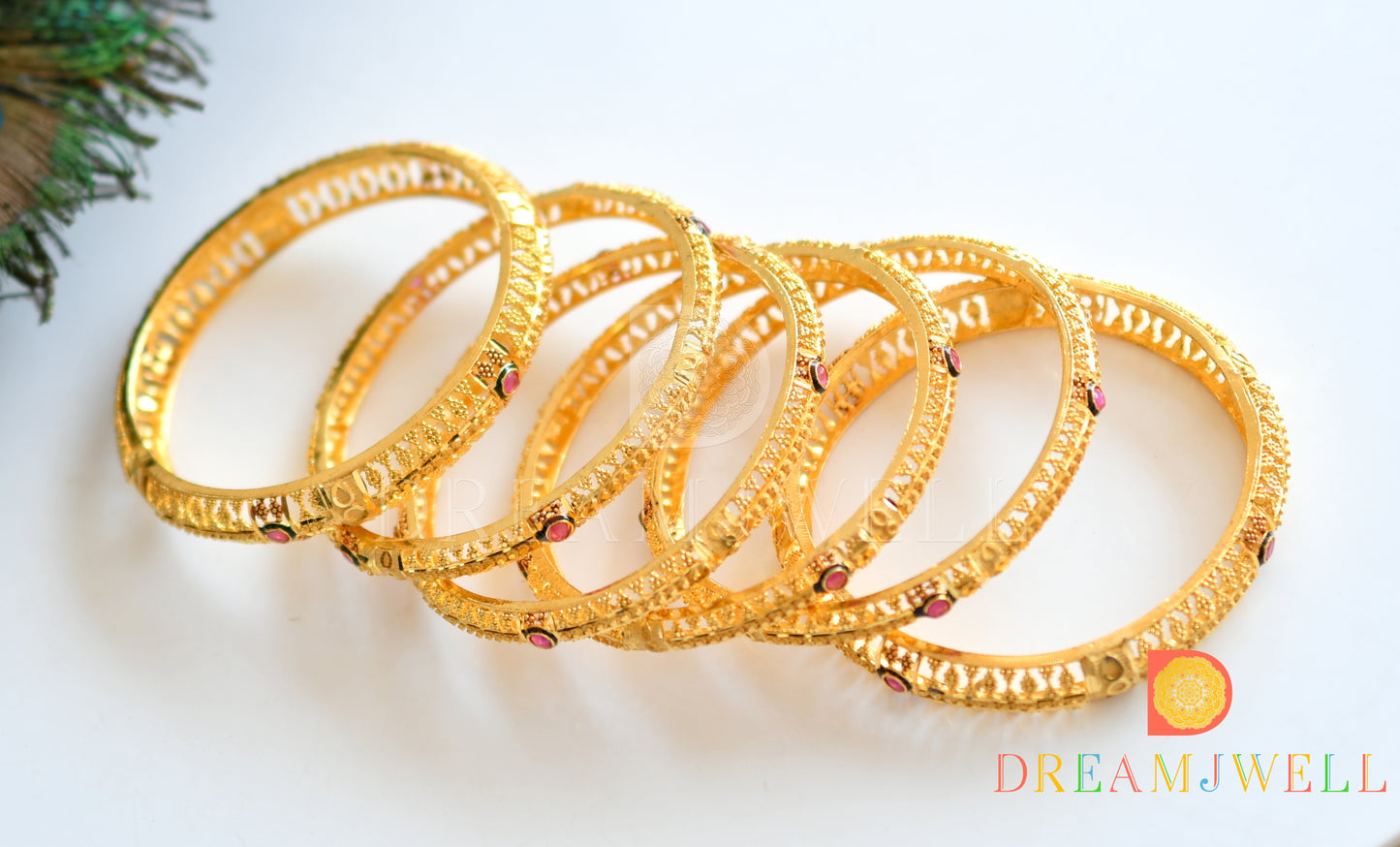 Gold Tone Set Of 6 Designer Ruby Bangles (2.4) dj-08359