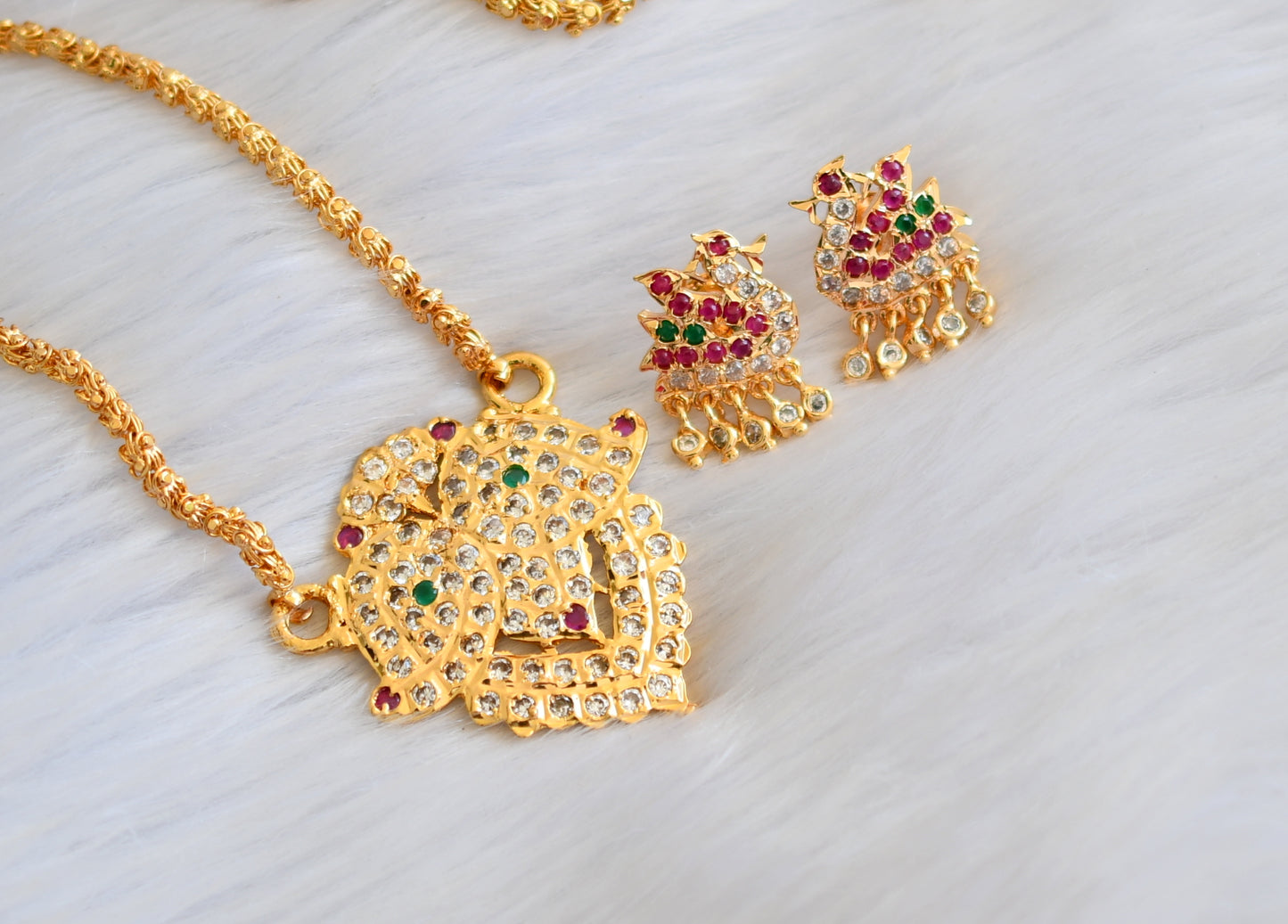 Gold tone cz white-Ruby-green mango pendant with chain and pair of jhumkka dj-40244