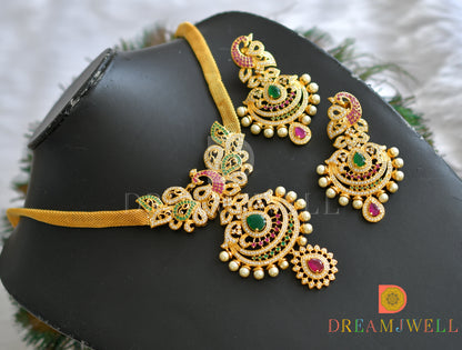 Gold tone cz-ruby-emerald peacock necklace set dj-07156
