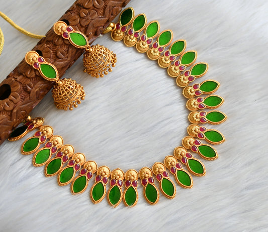 Matte finish red stone green marquise Kerala style necklace set dj-41575