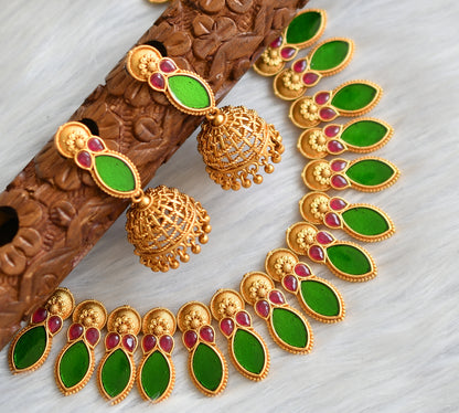 Matte finish red stone green marquise Kerala style necklace set dj-41575