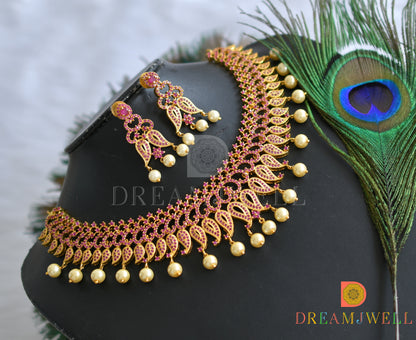 Gold plated cz-ruby mango pearl necklace set dj-07559