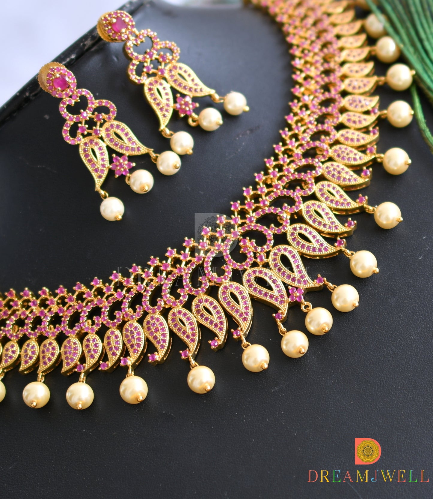 Gold plated cz-ruby mango pearl necklace set dj-07559
