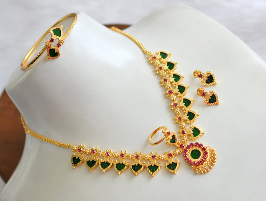 Gold tone pink-green palakka Kerala style necklace set and bracelet, finger ring dj-38908