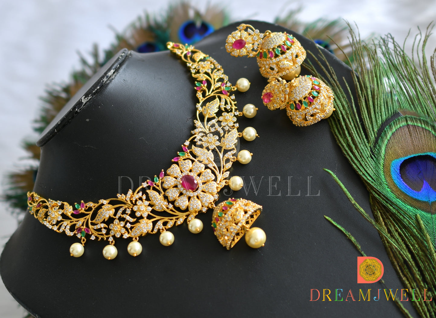 Gold tone Cz ruby-emerald Jhumkka pendant necklace set dj-10876