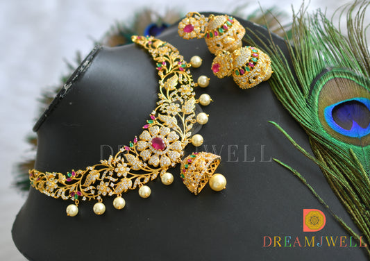 Gold tone Cz ruby-emerald Jhumkka pendant necklace set dj-10876