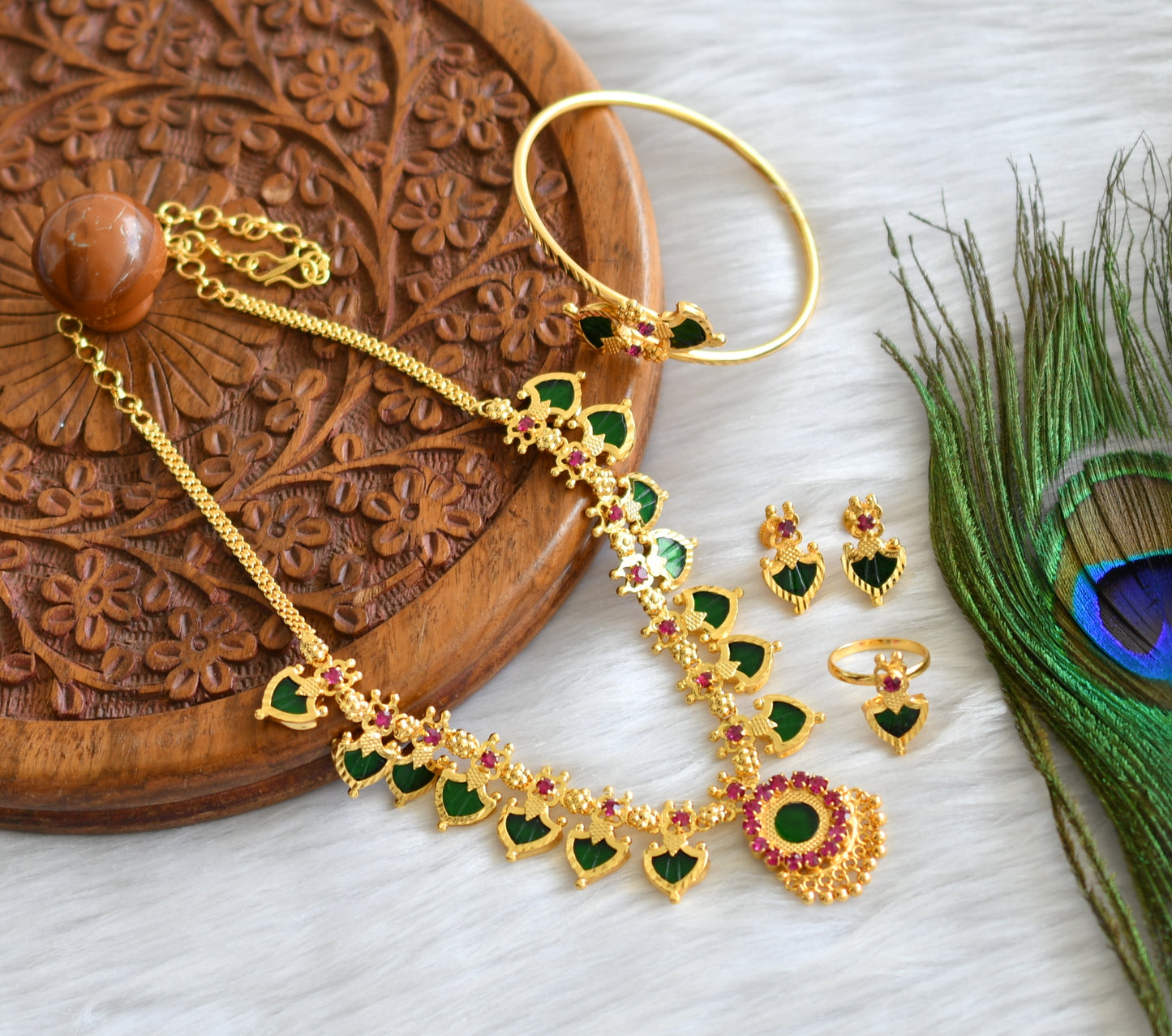 Gold tone pink-green palakka Kerala style necklace set and bracelet, finger ring dj-38908