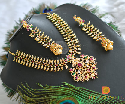 Gold finish ruby-emerald peacock necklace set dj-15982