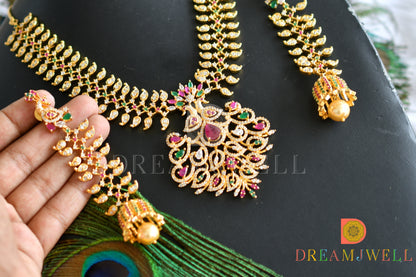 Gold finish ruby-emerald peacock necklace set dj-15982