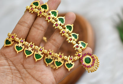 Gold tone pink-green palakka Kerala style necklace set and bracelet, finger ring dj-38908