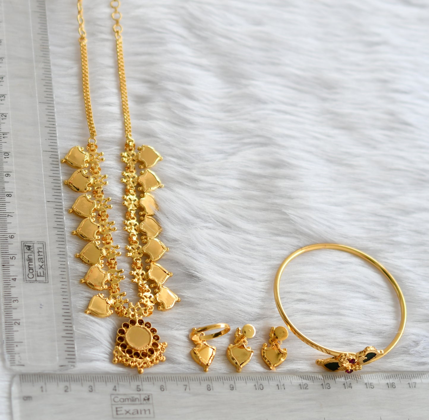 Gold tone pink-green palakka Kerala style necklace set and bracelet, finger ring dj-38908
