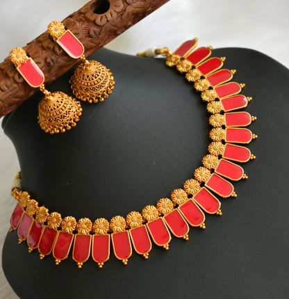 Matte finish flower red nagapadam Kerala style necklace set dj-41577