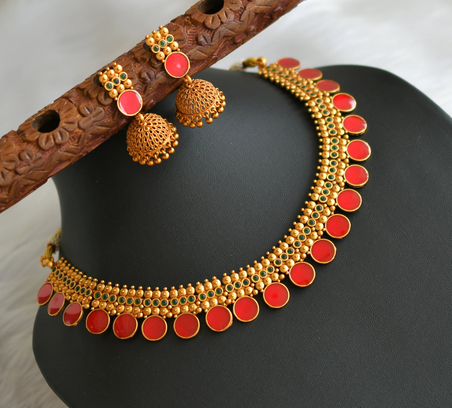 Matte finish green-red round Kerala style necklace set dj-41595