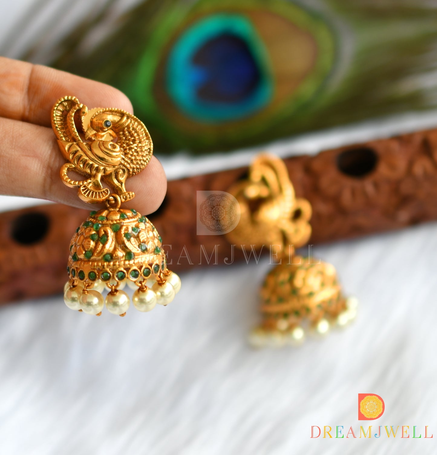 Matte finish green stone peacock jhumkka dj-37355
