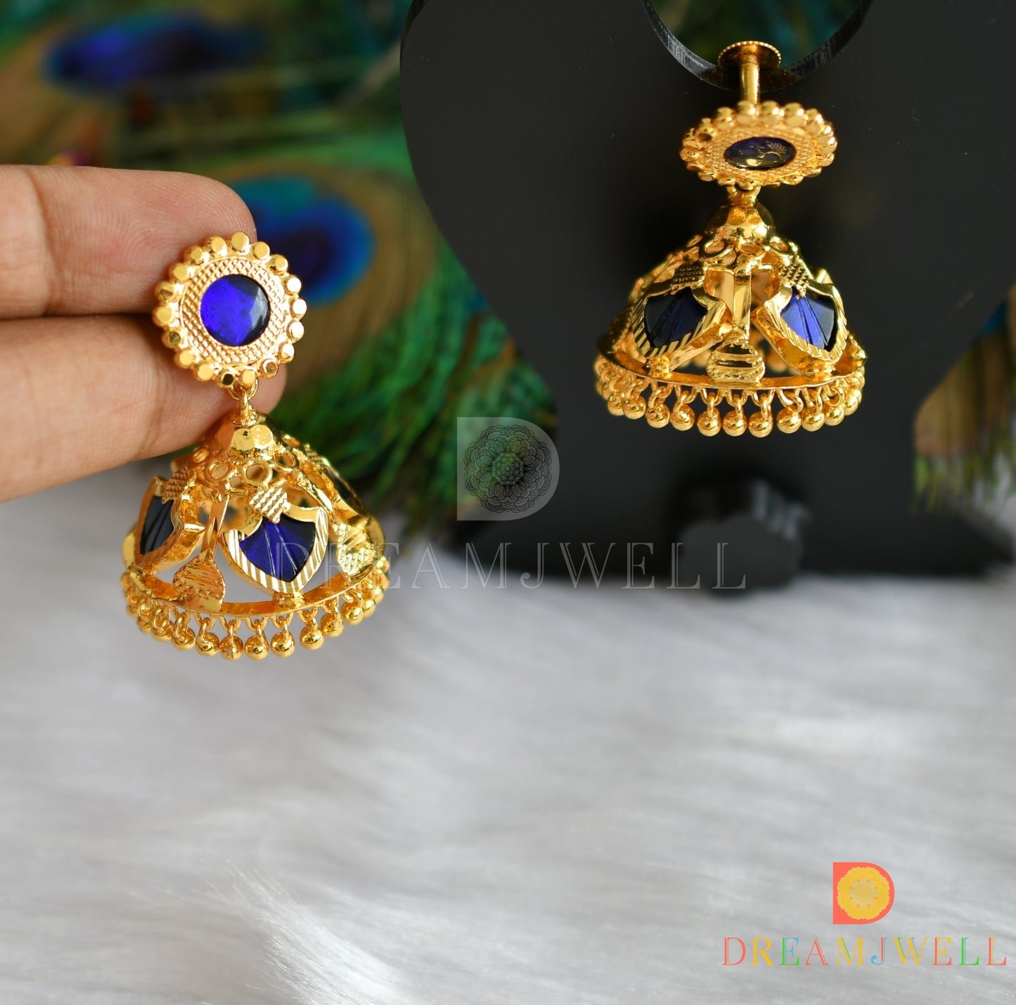 Gold tone blue palakka Kerala style 4 petal jhumkka dj-38037