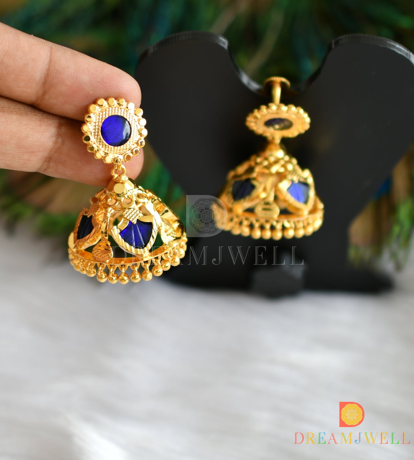 Gold tone blue palakka Kerala style 4 petal jhumkka dj-38037