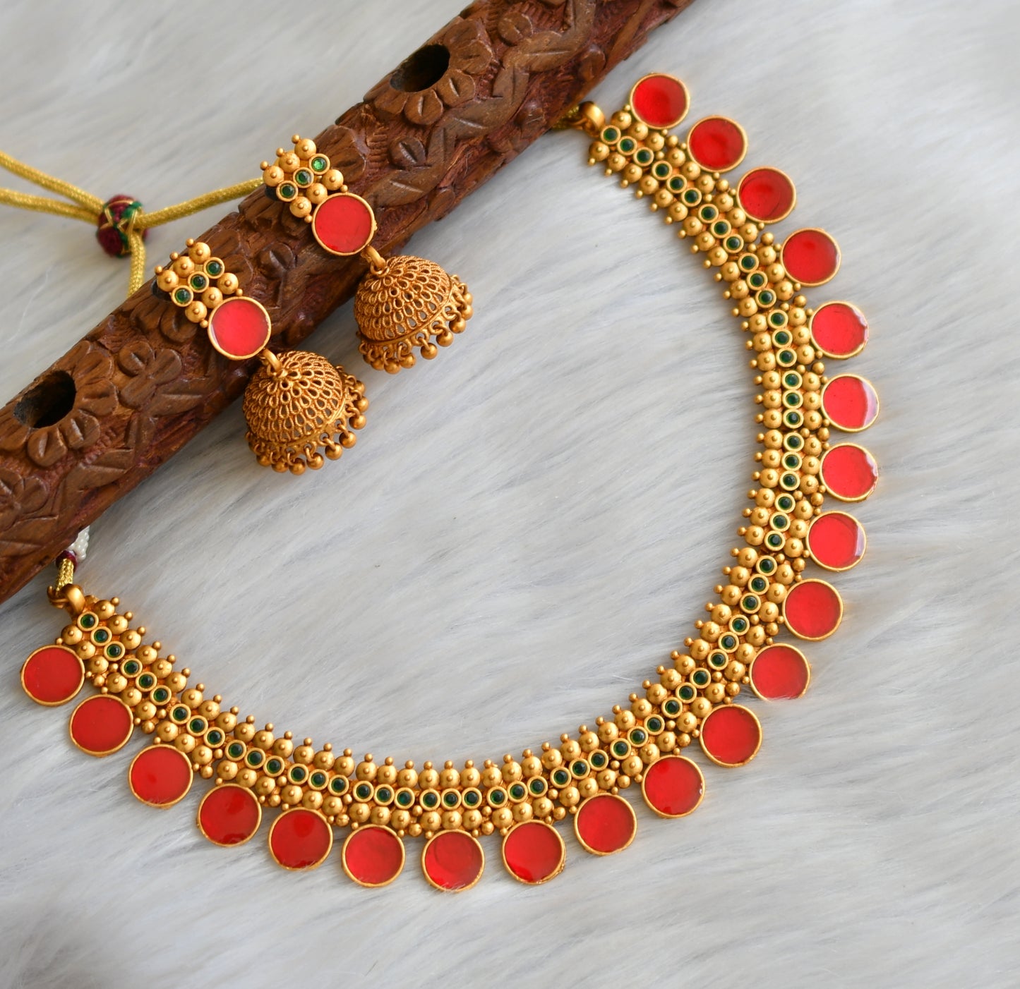 Matte finish green-red round Kerala style necklace set dj-41595