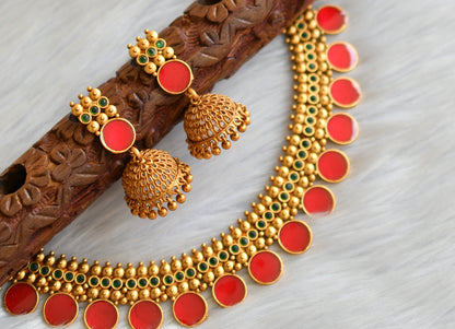 Matte finish green-red round Kerala style necklace set dj-41595