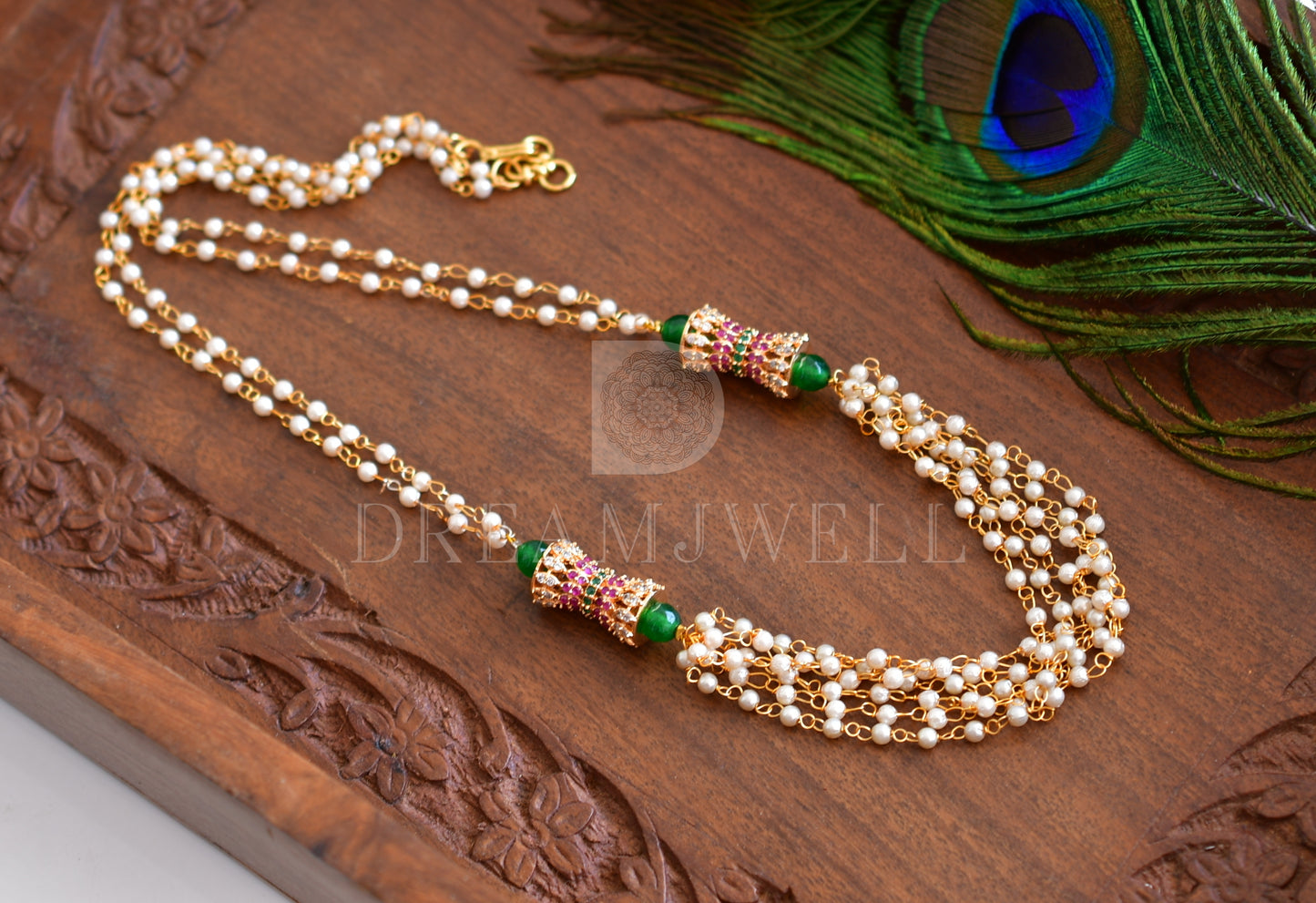 Gold tone pearl ruby-emerald necklace dj-35820