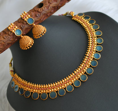 Matte finish red-blue round Kerala style necklace set dj-41596