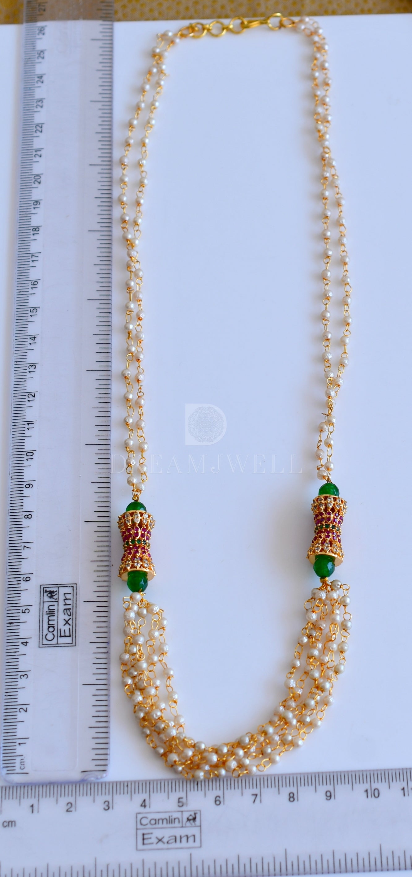 Gold tone pearl ruby-emerald necklace dj-35820