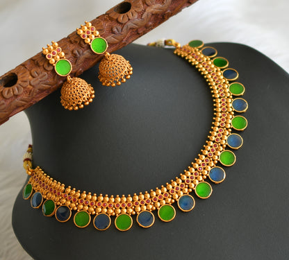 Matte finish red-green-blue round Kerala style necklace set dj-41597