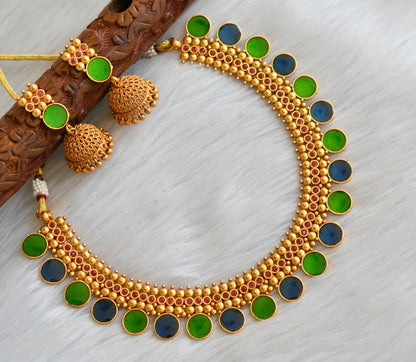 Matte finish red-green-blue round Kerala style necklace set dj-41597